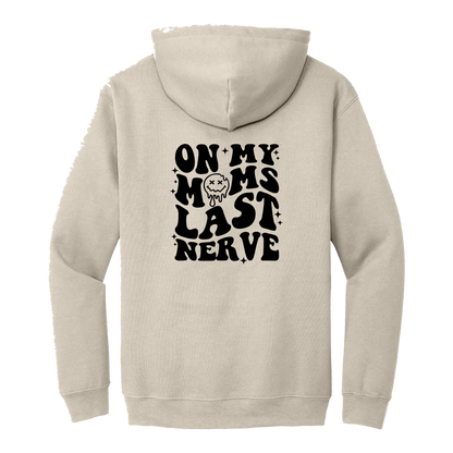 On My Last Nerve Front & Back design on a Sand adult hoodie, back view.