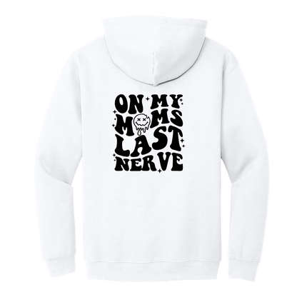 On My Last Nerve Front & Back design on a White adult hoodie, back view.