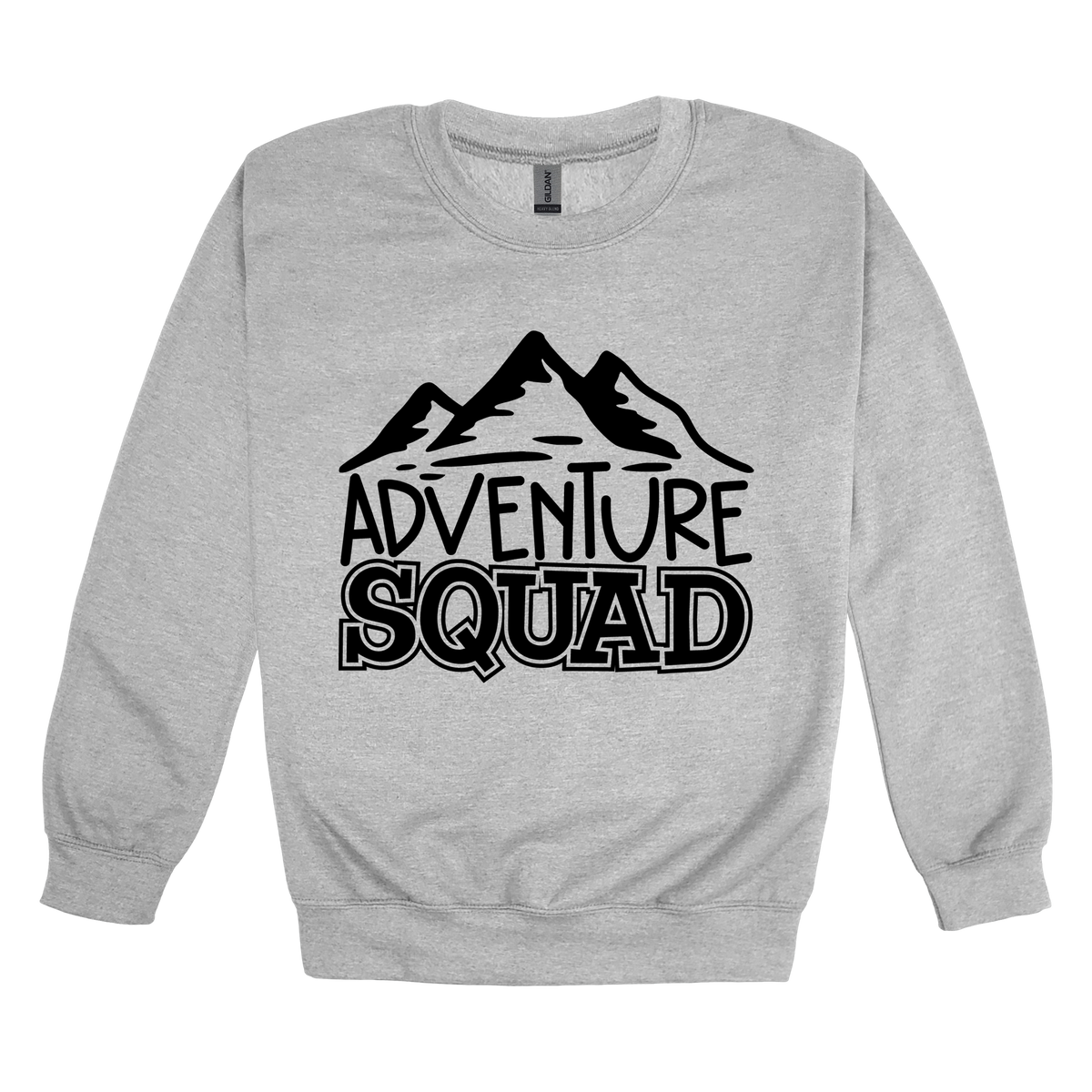 Adventure Squad design on a Sport Gray adult crewneck sweatshirt, front view.
