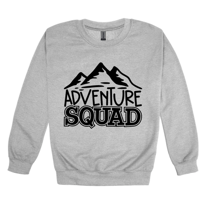 Adventure Squad design on a Sport Gray adult crewneck sweatshirt, front view.