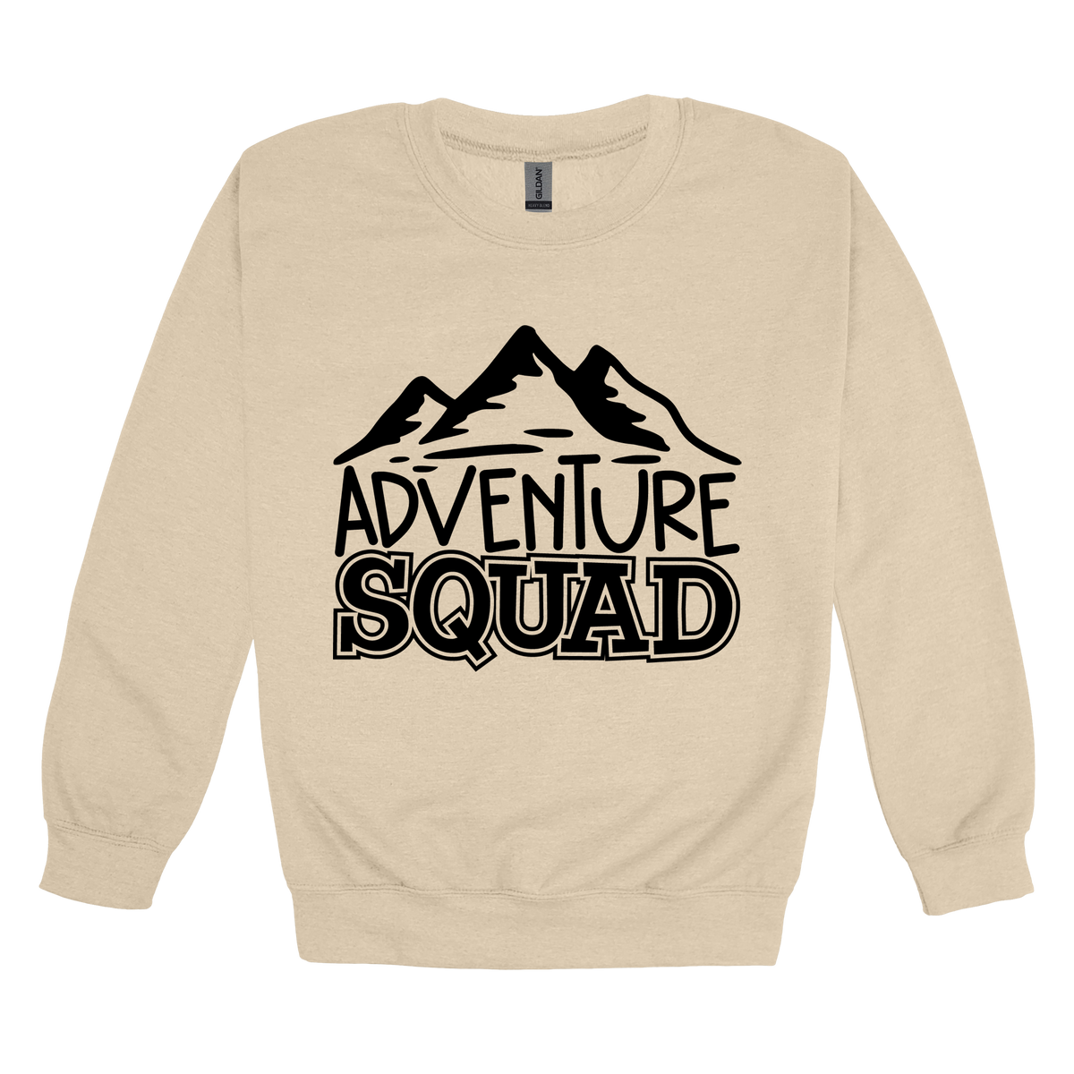 Adventure Squad design on a Sand adult crewneck sweatshirt, front view.