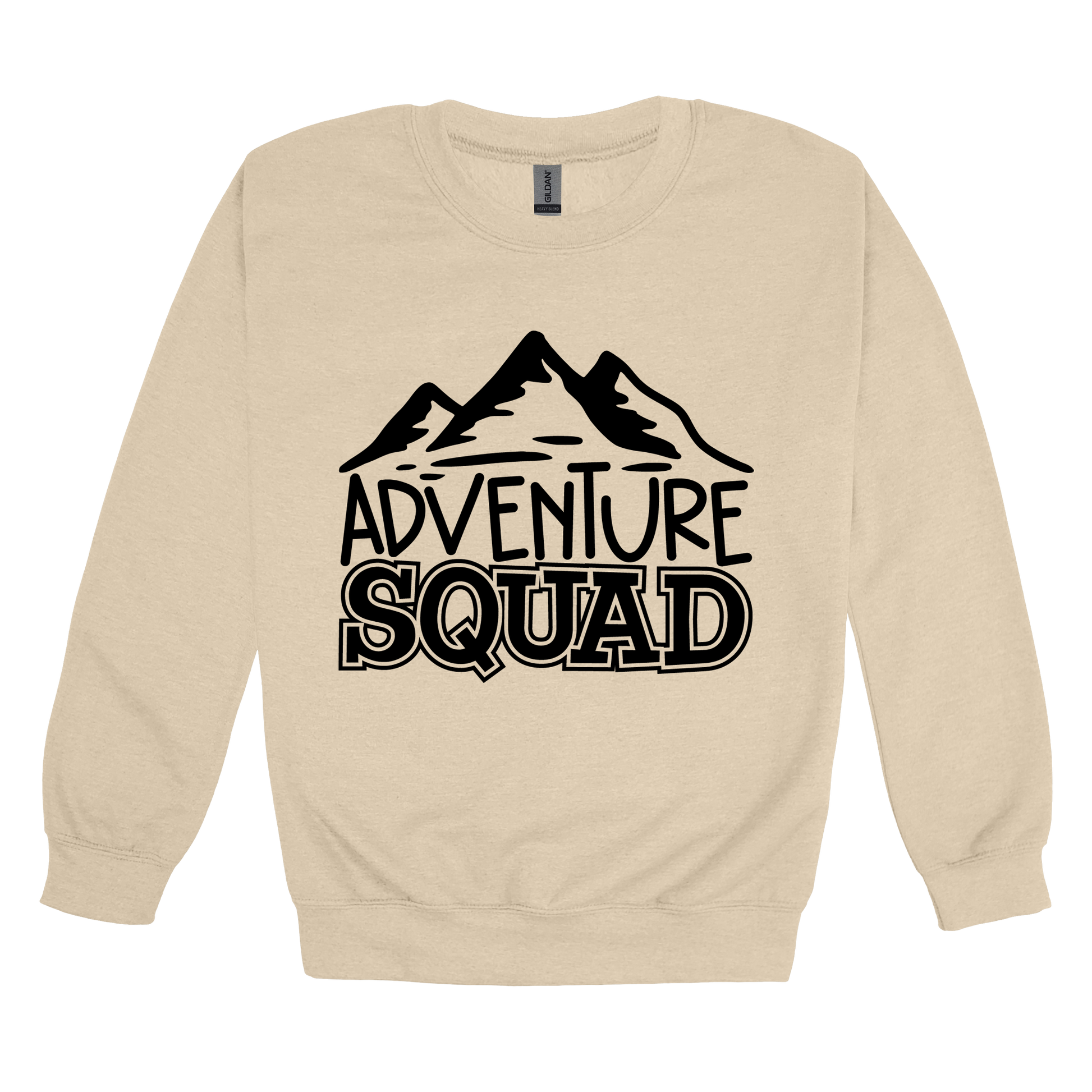 Adventure Squad design on a Sand adult crewneck sweatshirt, front view.