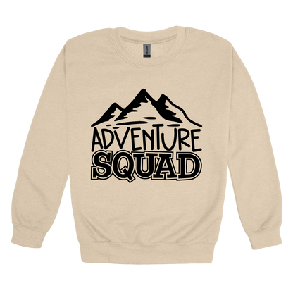 Adventure Squad design on a Sand adult crewneck sweatshirt, front view.