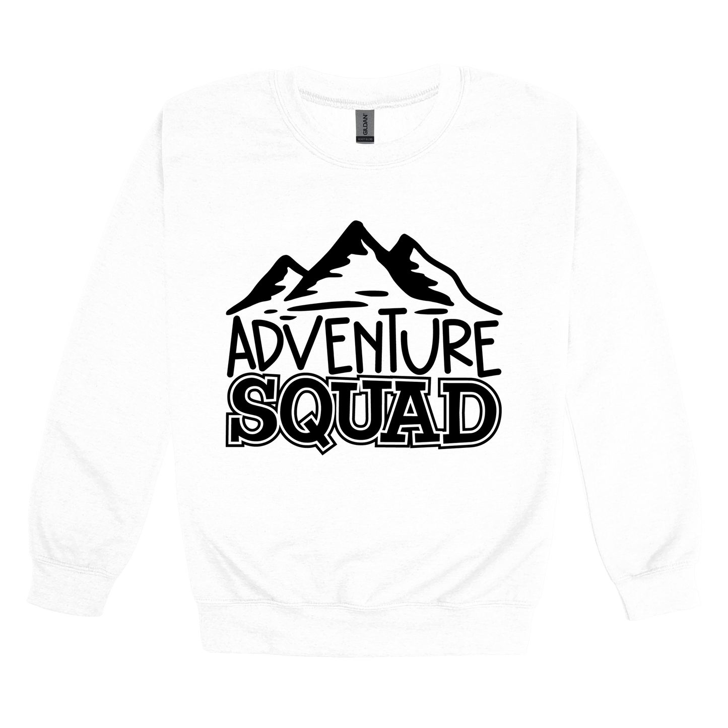Adventure Squad design on a White adult crewneck sweatshirt, front view.