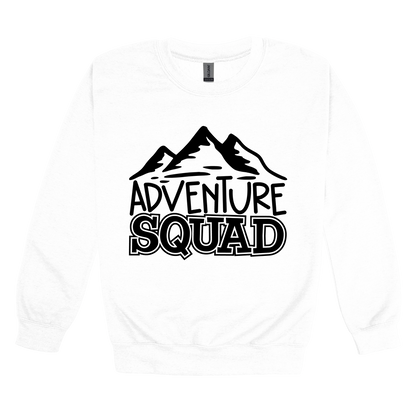 Adventure Squad design on a White adult crewneck sweatshirt, front view.