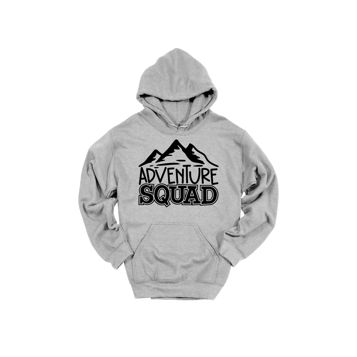 Adventure Squad design on a Sport Gray adult hoodie, front view.
