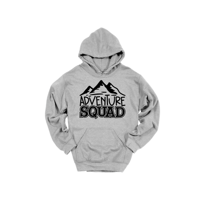 Adventure Squad design on a Sport Gray adult hoodie, front view.