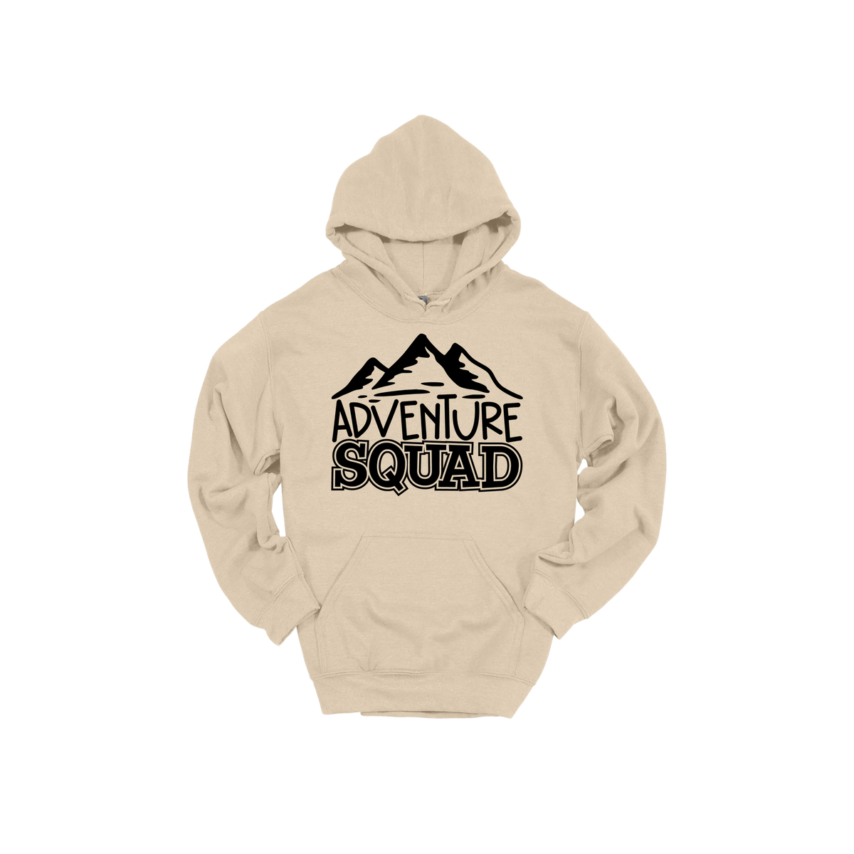 Adventure Squad design on a Sand adult hoodie, front view.