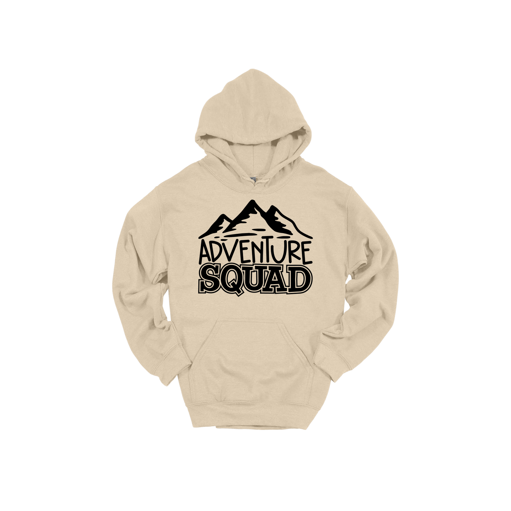 Adventure Squad design on a Sand adult hoodie, front view.
