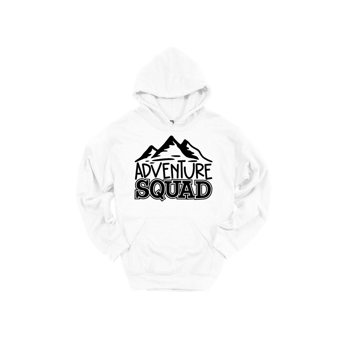 Adventure Squad design on a White adult hoodie, front view.