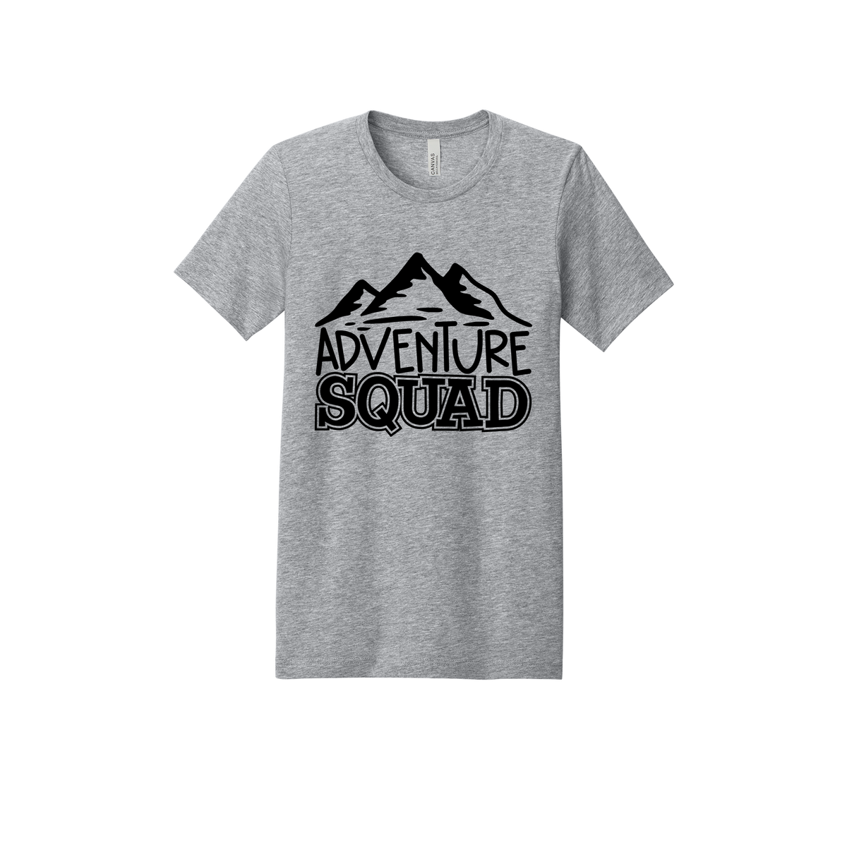 Adventure Squad design on a Heather Athletic Gray adult T-shirt, front view.