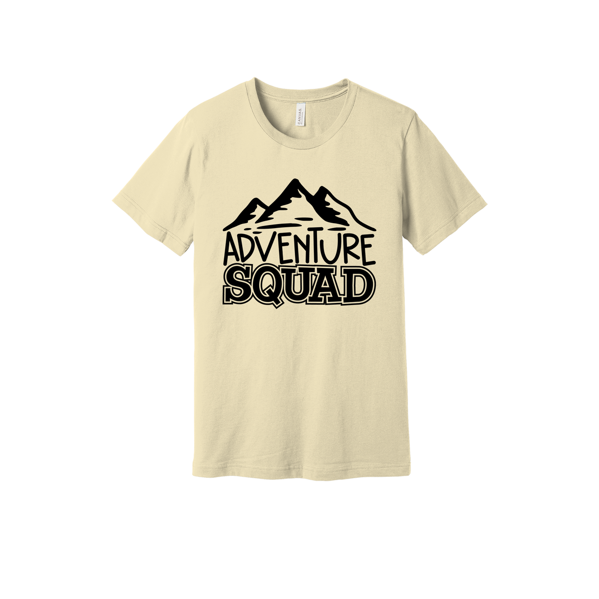 Adventure Squad design on a Natural adult T-shirt, front view.