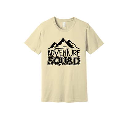 Adventure Squad design on a Natural adult T-shirt, front view.