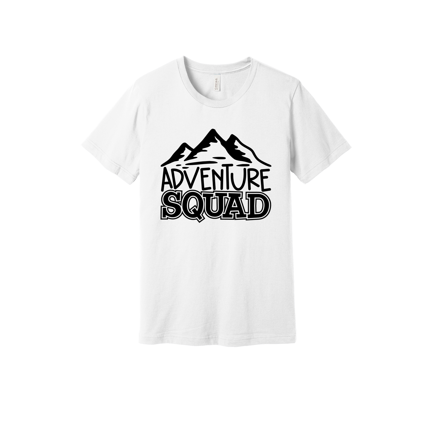 Adventure Squad design on a White adult T-shirt, front view.