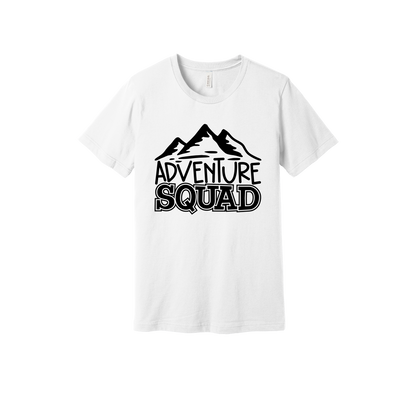 Adventure Squad design on a White adult T-shirt, front view.