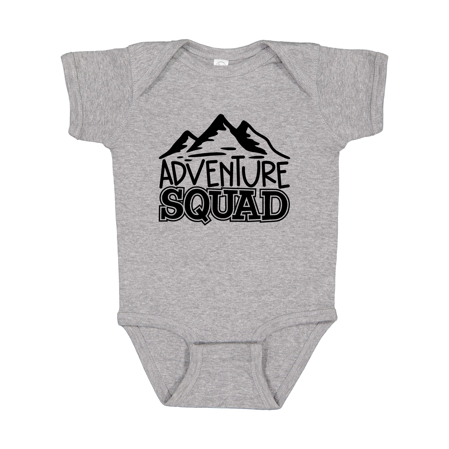 Adventure Squad design on a Heather Athletic Gray infant onesie, front view.