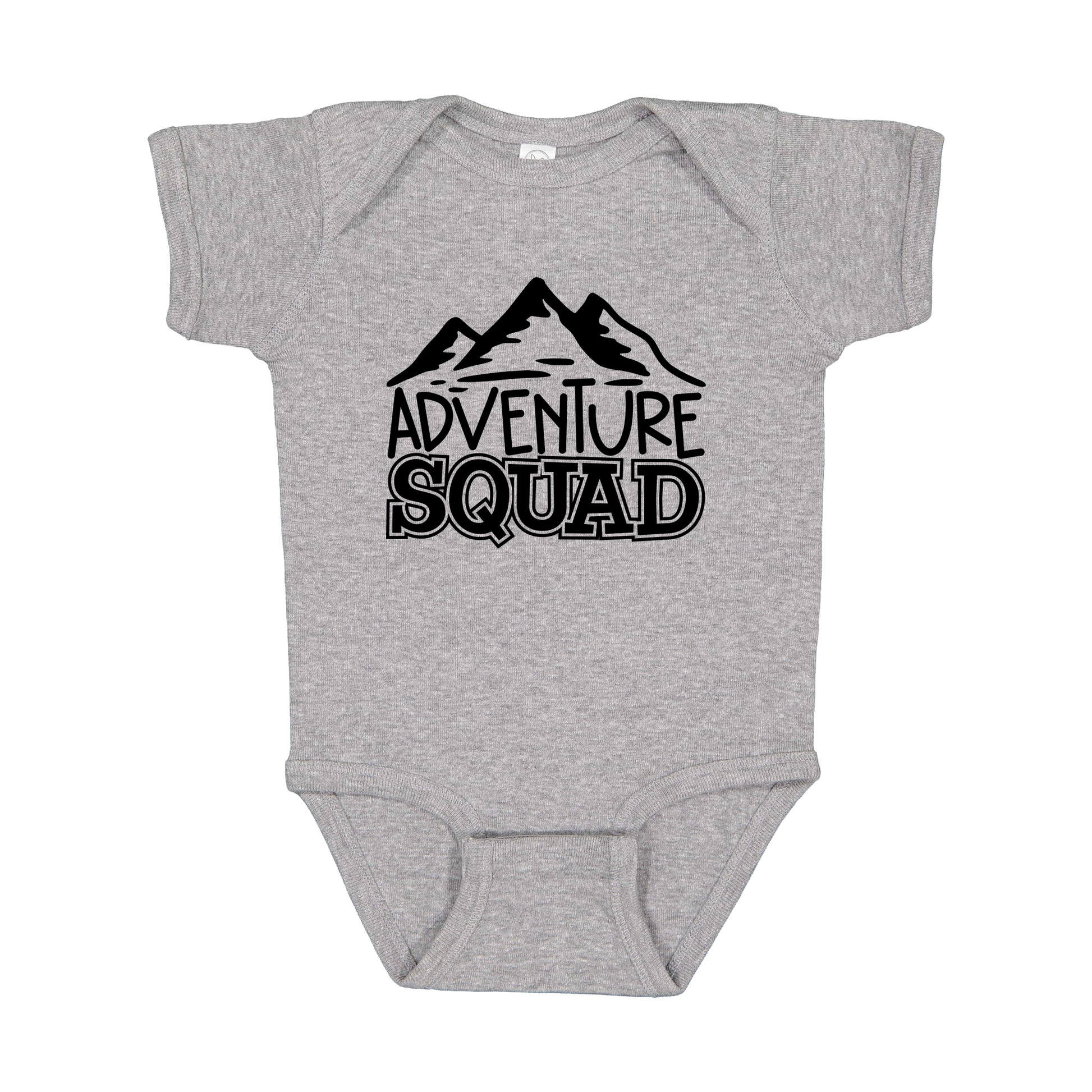 Adventure Squad design on a Heather Athletic Gray infant onesie, front view.
