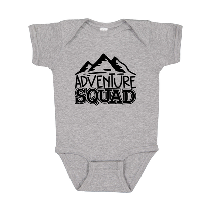 Adventure Squad design on a Heather Athletic Gray infant onesie, front view.
