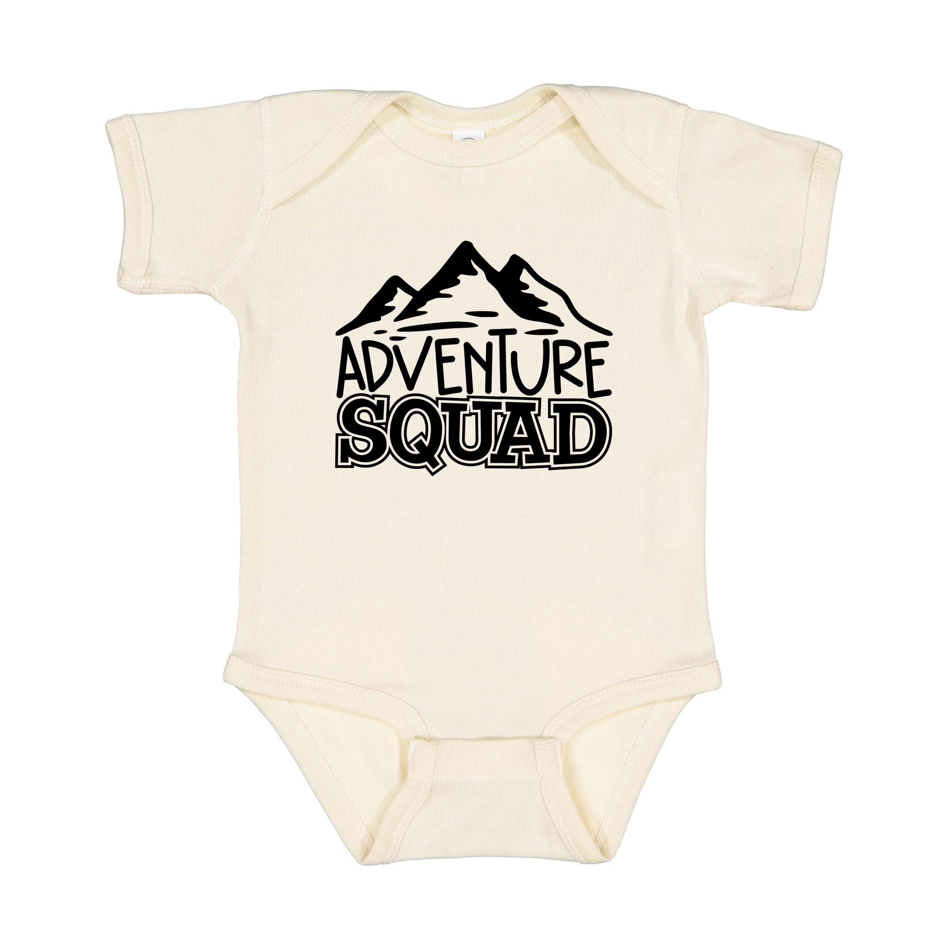 Adventure Squad design on a Natural infant onesie, front view.