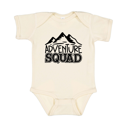 Adventure Squad design on a Natural infant onesie, front view.