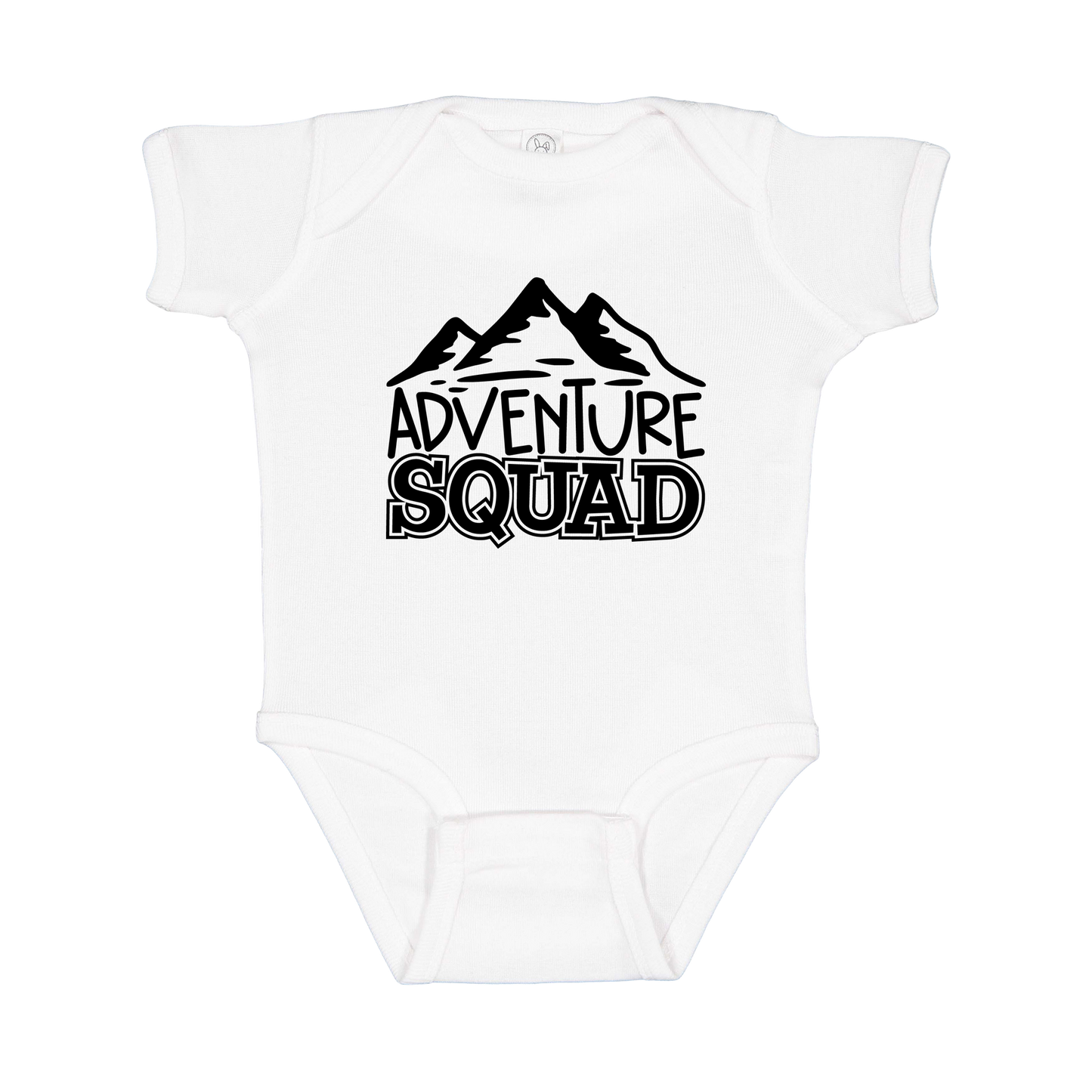 Adventure Squad design on a White infant onesie, front view.