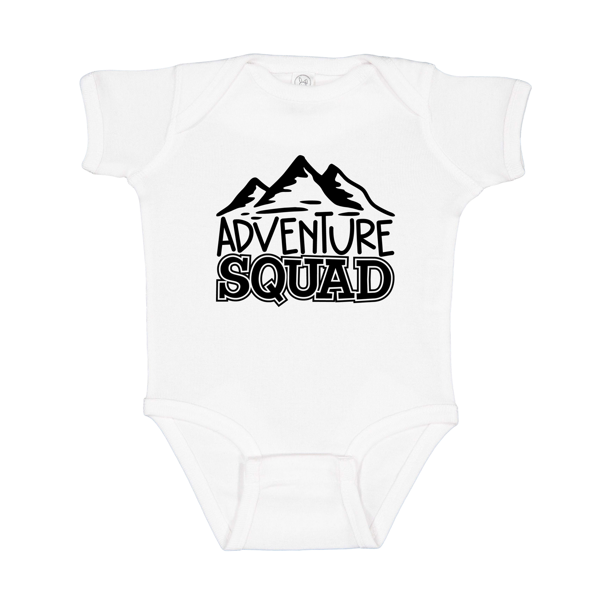 Adventure Squad design on a White infant onesie, front view.