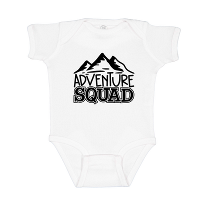 Adventure Squad design on a White infant onesie, front view.