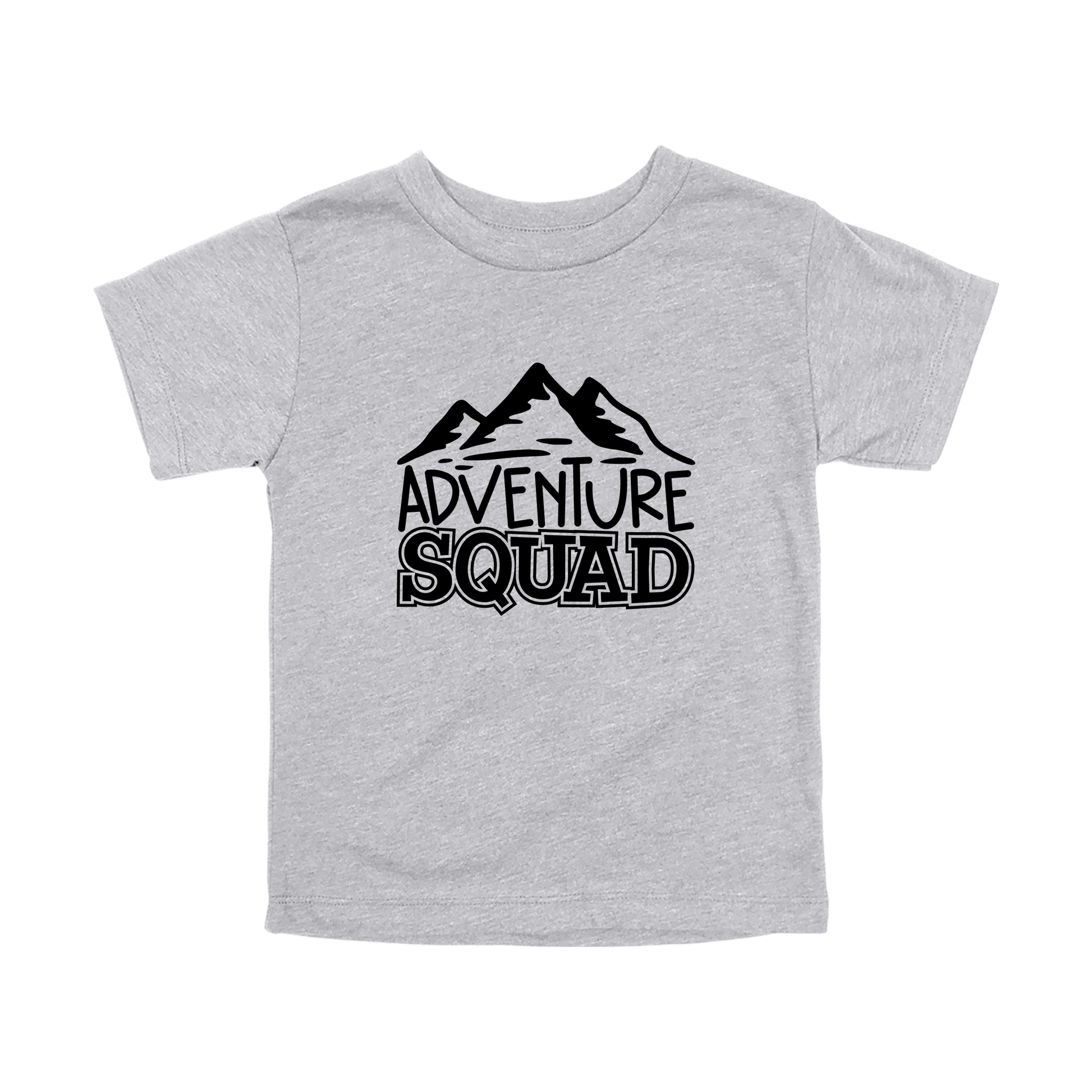 Adventure Squad design on a Heather Athletic Gray toddler T-shirt, front view.