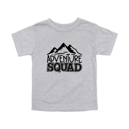 Adventure Squad design on a Heather Athletic Gray toddler T-shirt, front view.