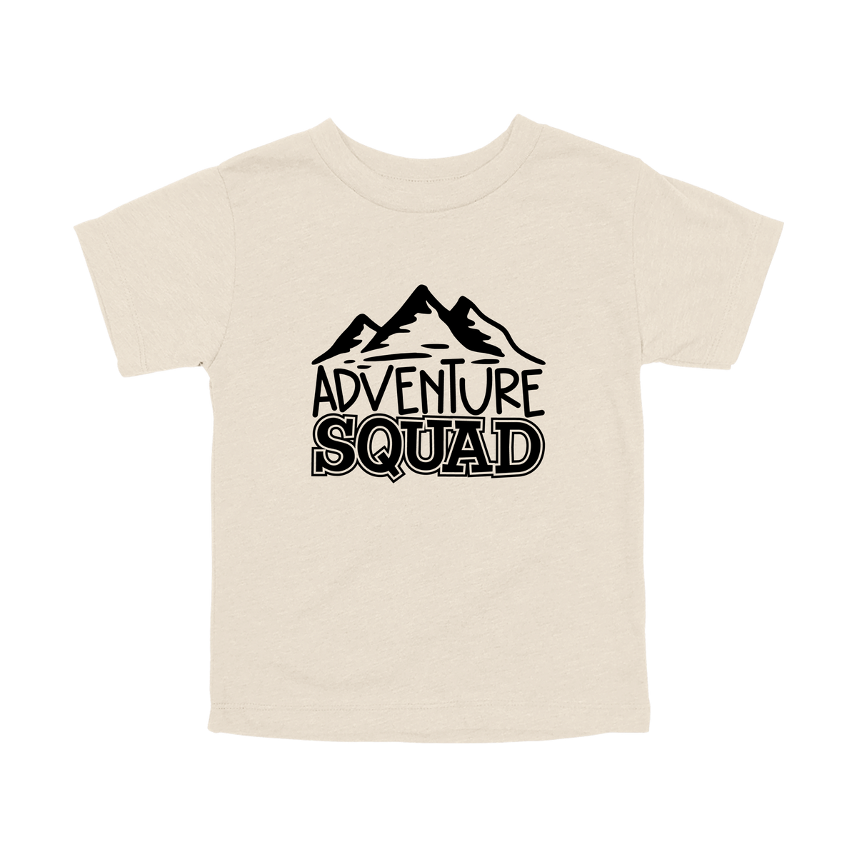 Adventure Squad design on a Natural toddler T-shirt, front view.