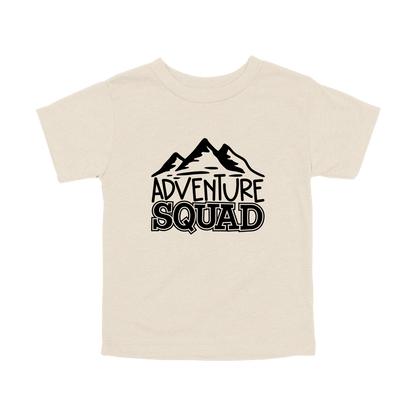 Adventure Squad design on a Natural toddler T-shirt, front view.