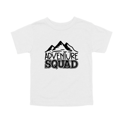 Adventure Squad design on a White toddler T-shirt, front view.