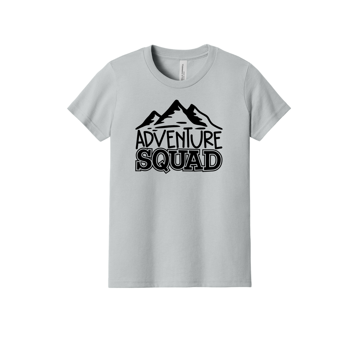 Adventure Squad design on a Heather Athletic Gray youth T-shirt, front view.