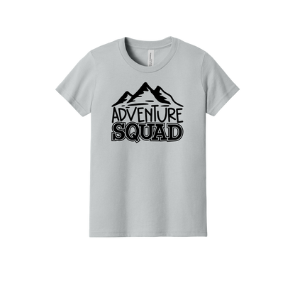 Adventure Squad design on a Heather Athletic Gray youth T-shirt, front view.