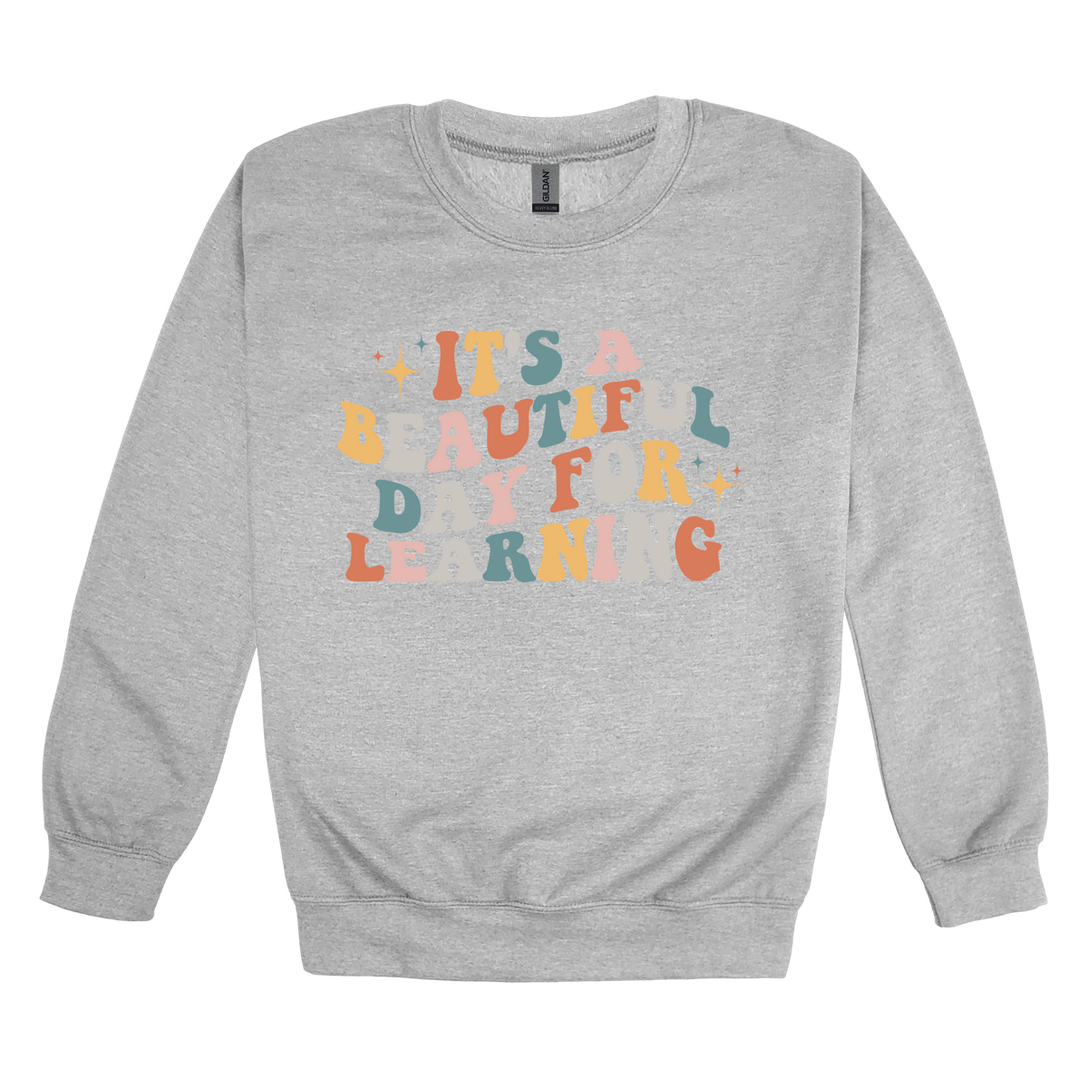 It's a Beautiful Day for Learning design on a Sport Gray adult crewneck sweatshirt, front view.