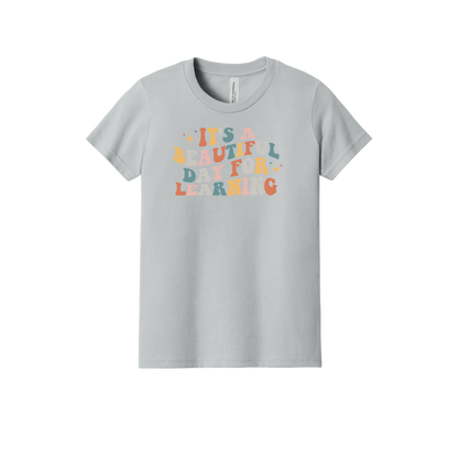 It's a Beautiful Day for Learning design on a Heather Athletic Gray youth T-shirt, front view.