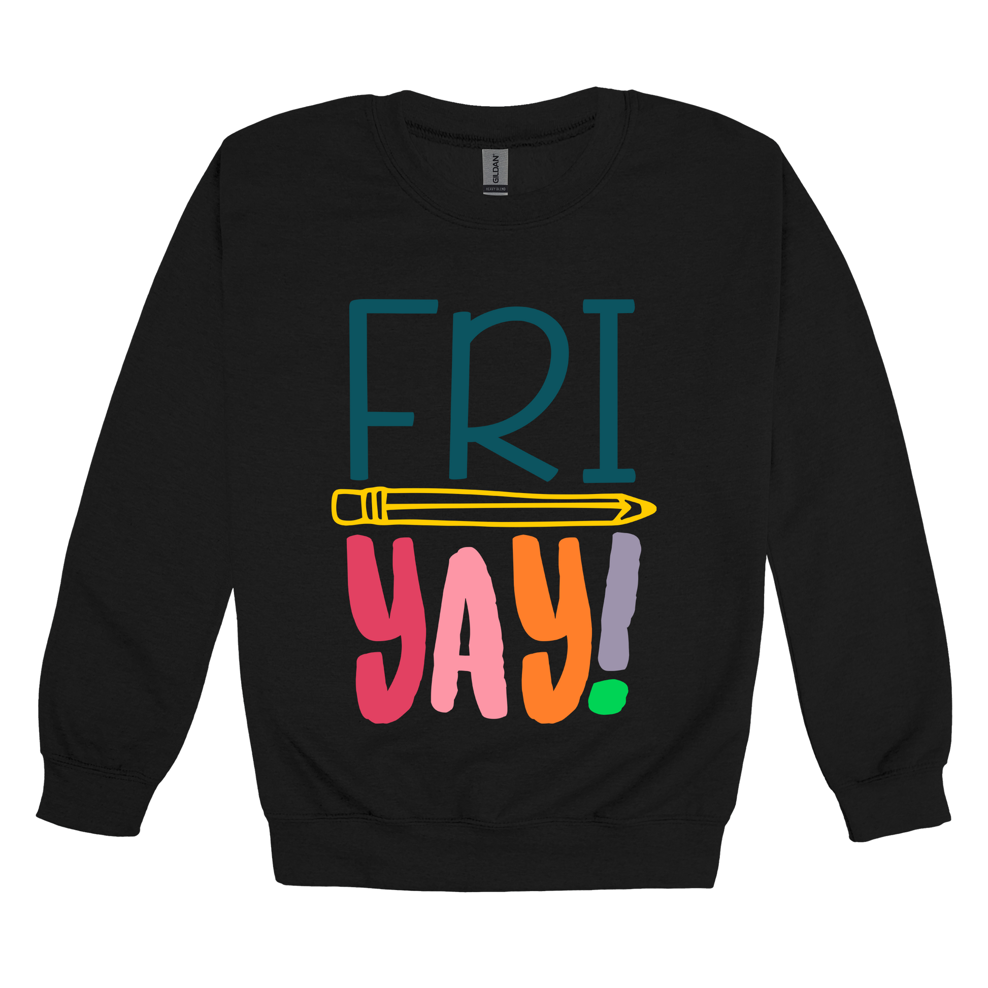 FRIYAY! design on a Black adult crewneck sweatshirt, front view.