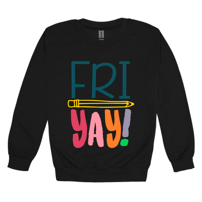 FRIYAY! design on a Black adult crewneck sweatshirt, front view.