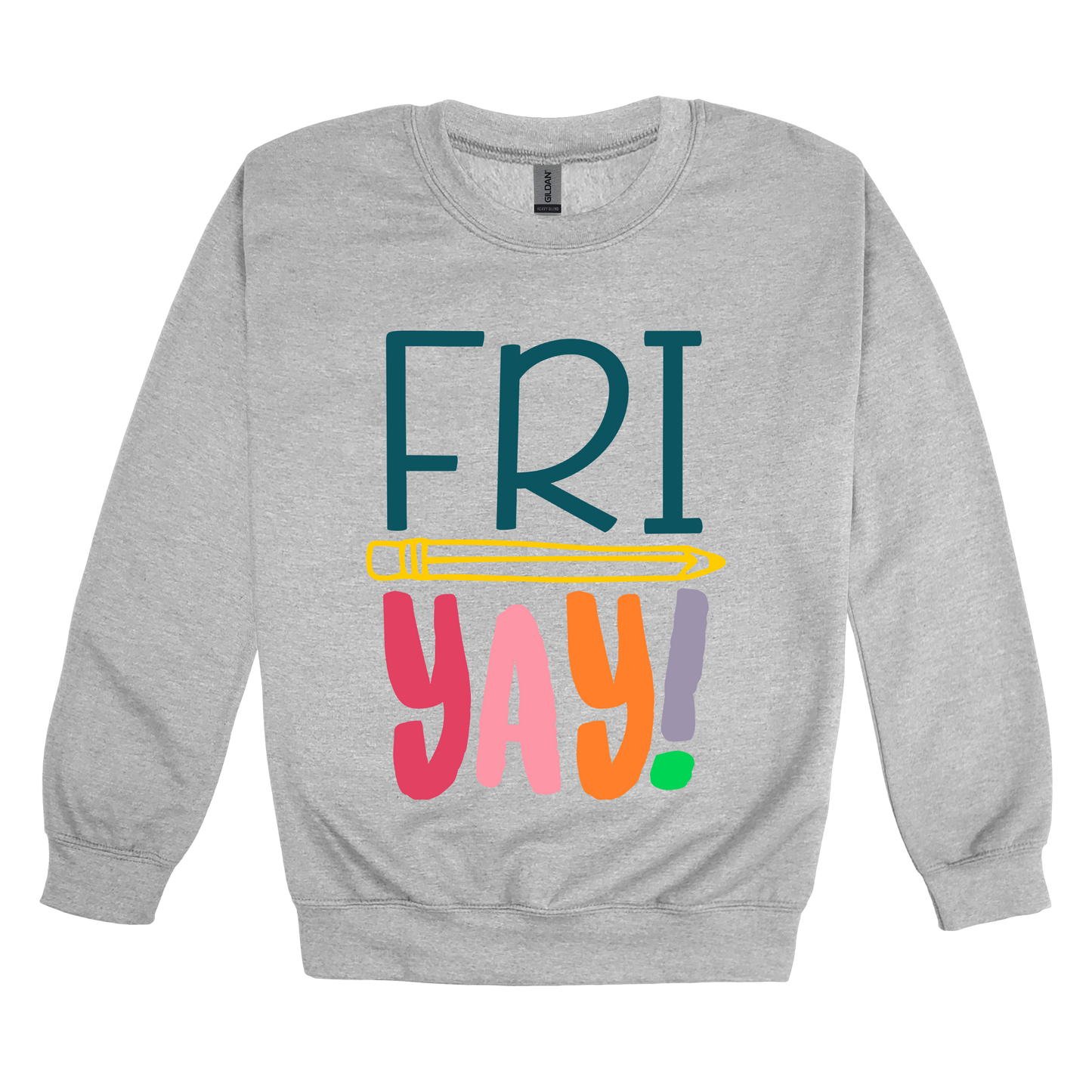 FRIYAY! design on a Sport Gray adult crewneck sweatshirt, front view.