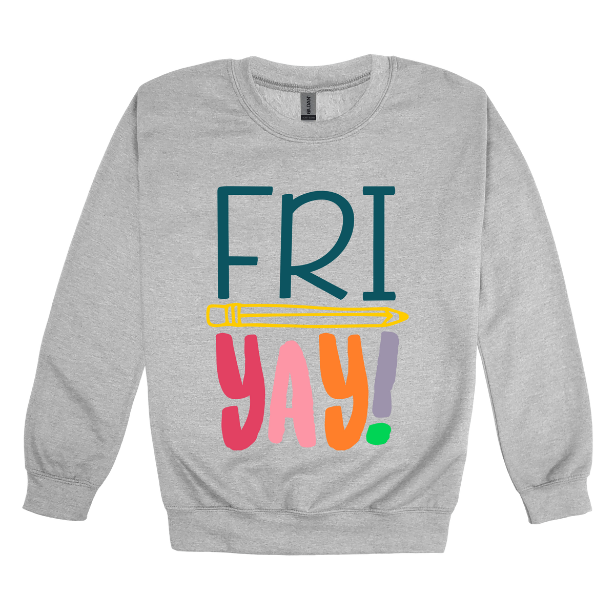 FRIYAY! design on a Sport Gray adult crewneck sweatshirt, front view.