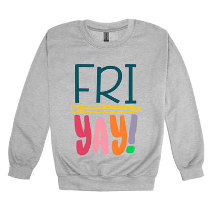 FRIYAY! design on a Sport Gray adult crewneck sweatshirt, front view.