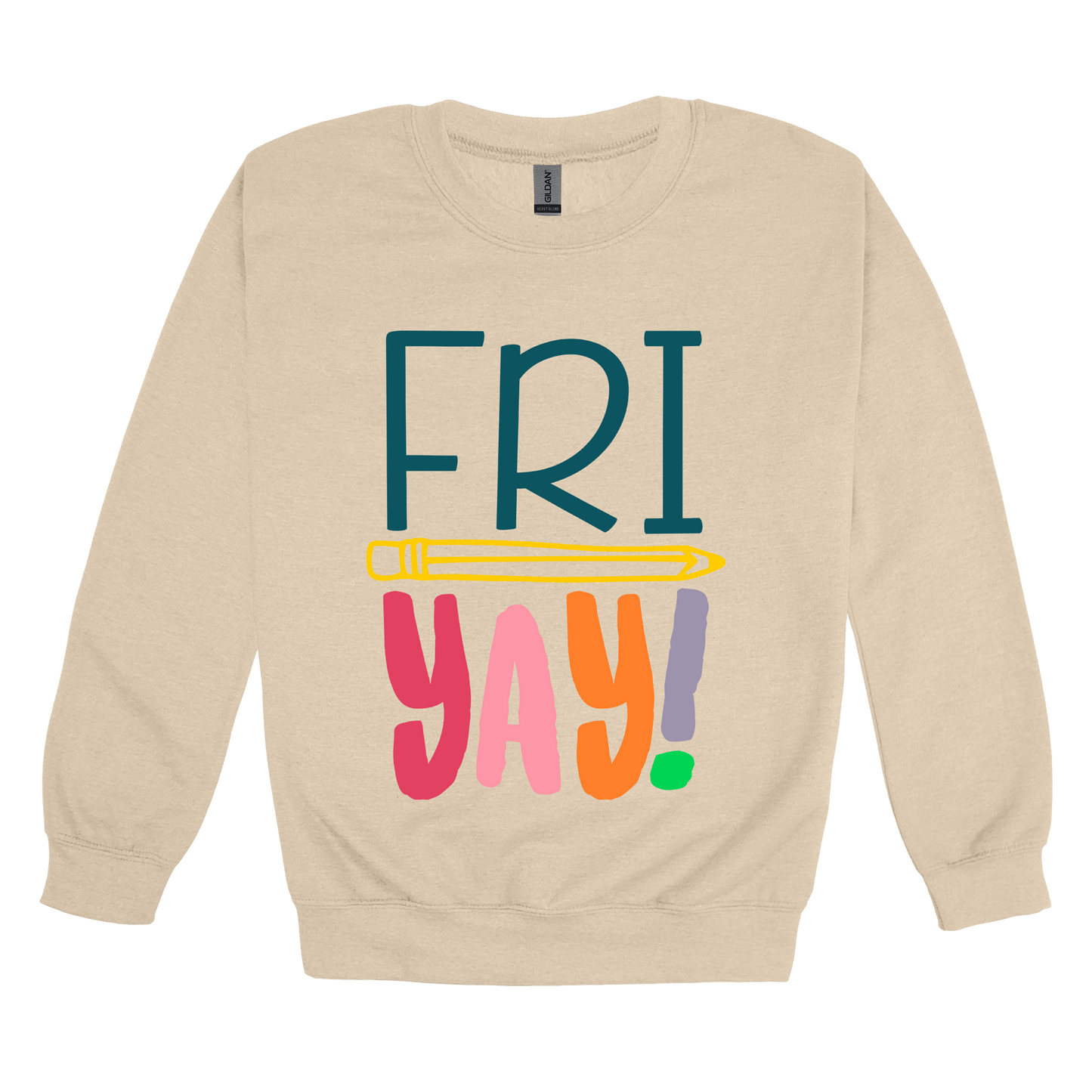 FRIYAY! design on a Sand adult crewneck sweatshirt, front view.
