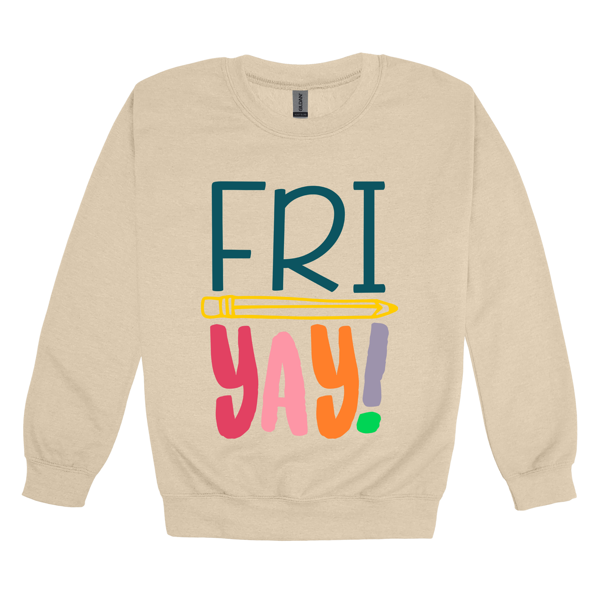 FRIYAY! design on a Sand adult crewneck sweatshirt, front view.