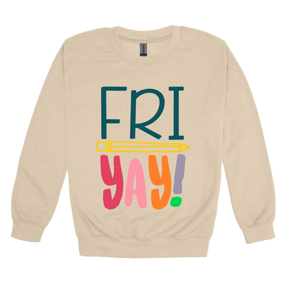 FRIYAY! design on a Sand adult crewneck sweatshirt, front view.