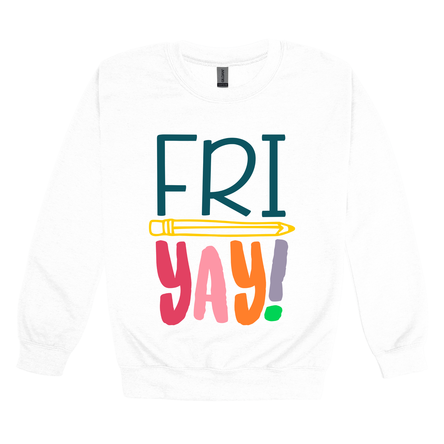 FRIYAY! design on a White adult crewneck sweatshirt, front view.