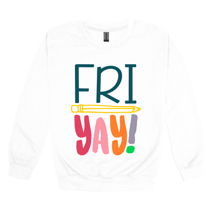 FRIYAY! design on a White adult crewneck sweatshirt, front view.