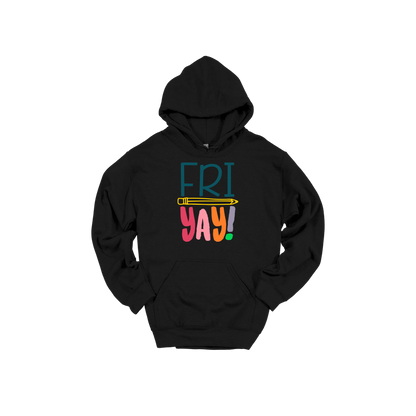 FRIYAY! design on a Black adult hoodie, front view.