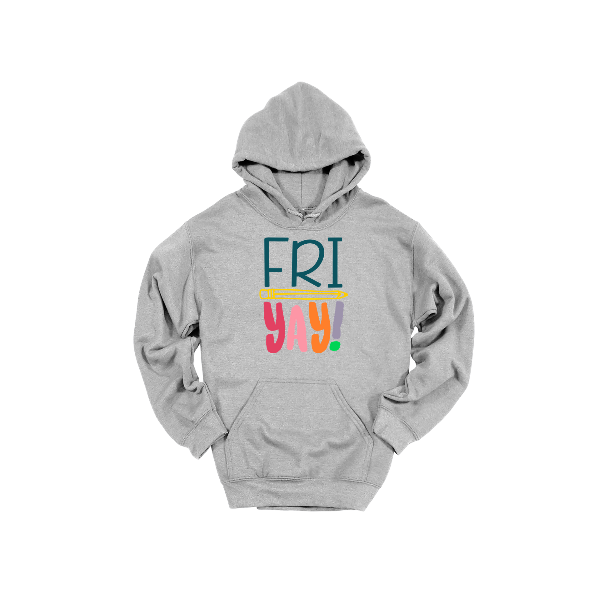 FRIYAY! design on a Sport Gray adult hoodie, front view.