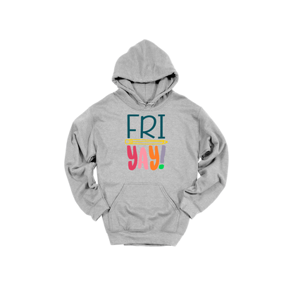 FRIYAY! design on a Sport Gray adult hoodie, front view.