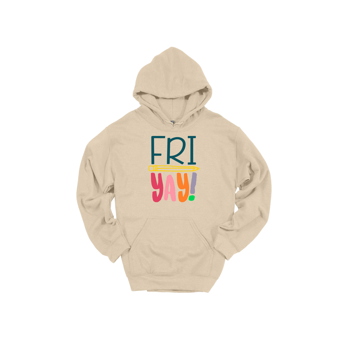 FRIYAY! design on a Sand adult hoodie, front view.